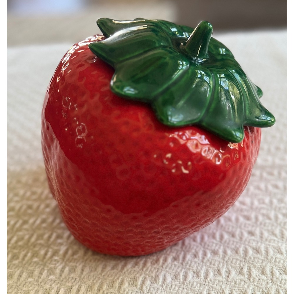 Vintage Ceramic Strawberry Lidded Jar Red Green Fruit Canister Cottagecore Decor
